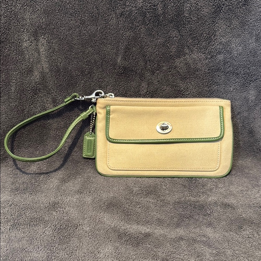 Coach Tan and Green Leather Clutch Wristlet